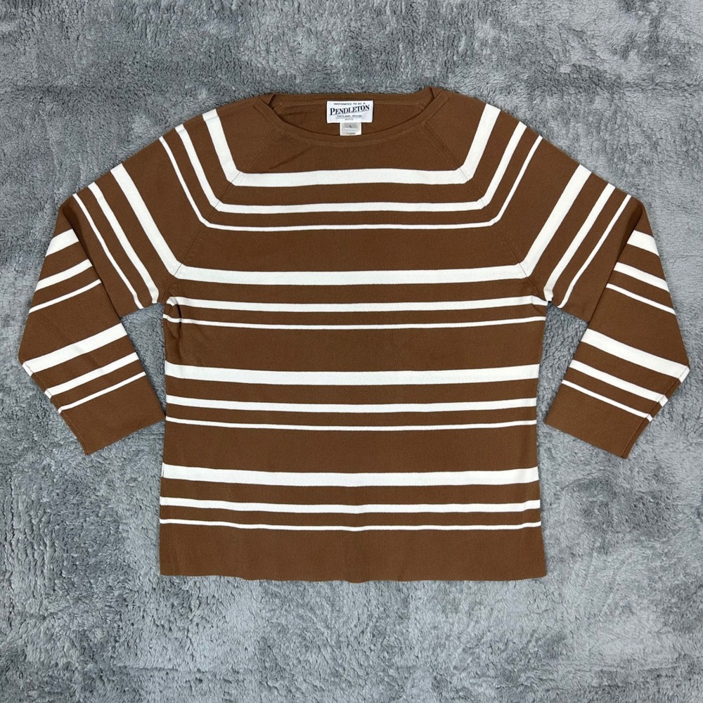 Pendleton Petite Brown White Striped Raglan Knit Sweater Large P Pullover L